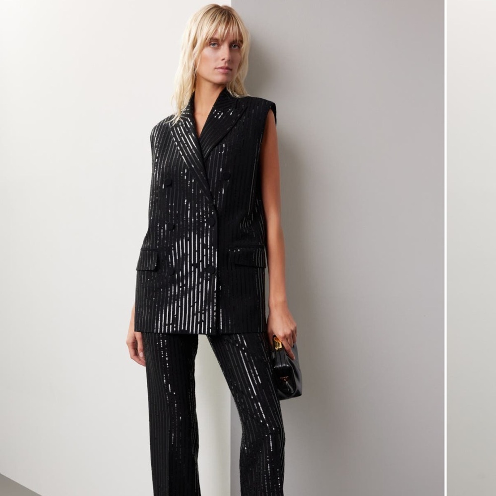 Michael Kors Black Sequin Pinstripe Double-Breasted Sleeveless Blazer Vest - Picture 7 of 8